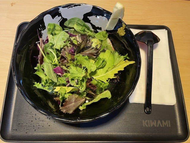 It looks like a salad, but it sure doesn't taste like a salad: Kiwami's rich and filling veggie ramen comes with fresh field lettuce on top. - Garr