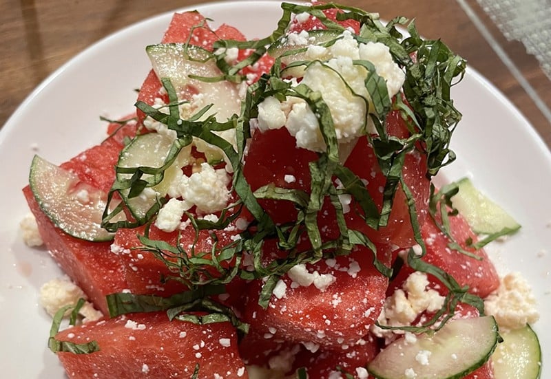 In a word, "refreshing." While in season, enjoy these perfectly ripe, juicy melon cubes with cool cucumber and basil and a perky dressing. - Robin Garr