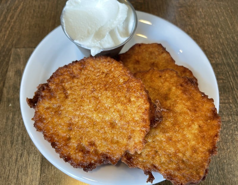 Crisp, golden brown, and perfectly fried, Good Belly's potato latkes make a memorable side or starter. - Robin Garr