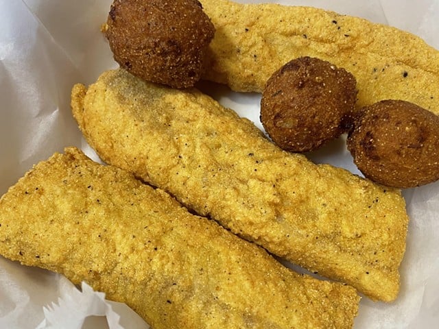 Oddly shaped but perfectly delicious, Sharks' fried cod comes in three crunchy, tubular portions.