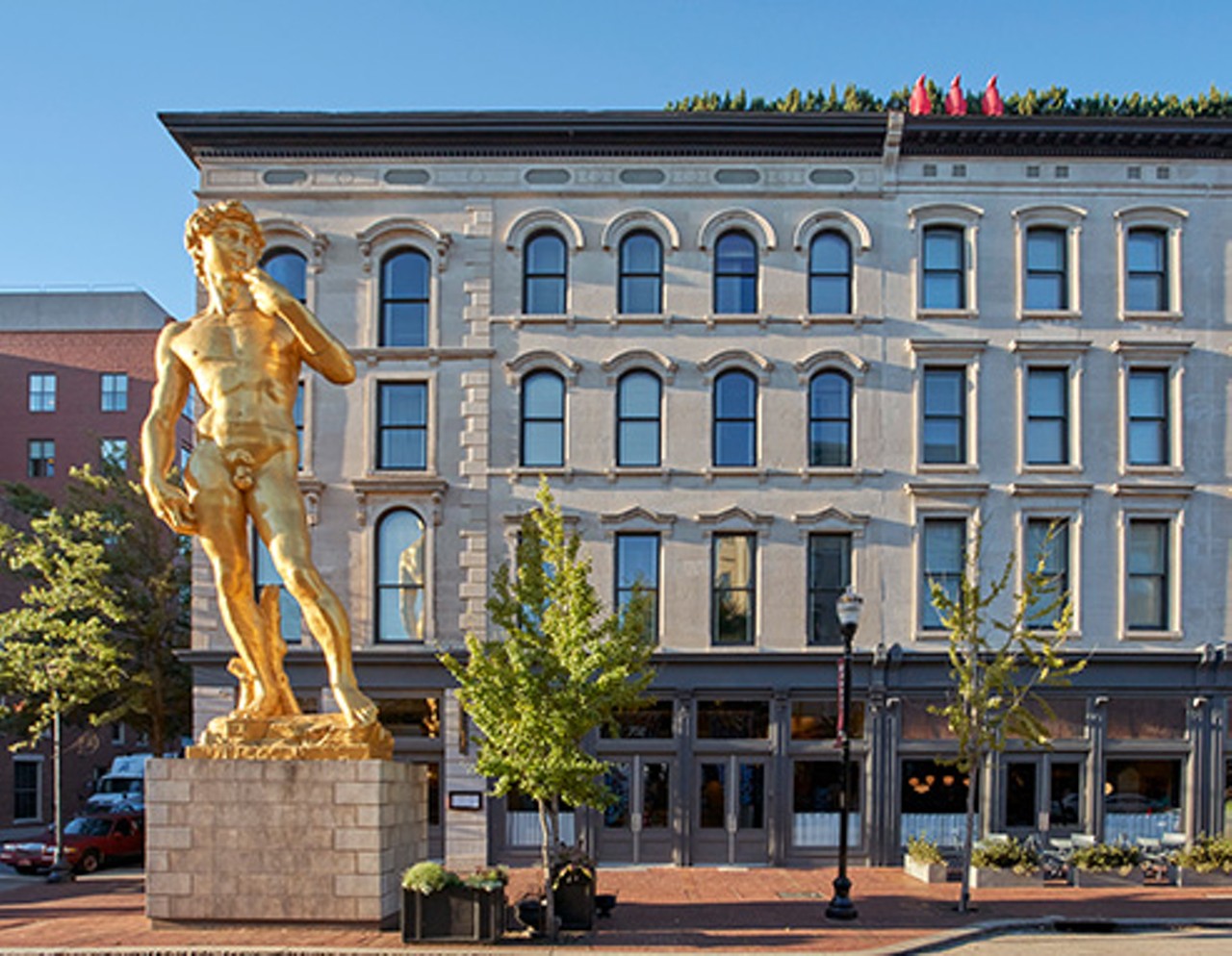  21c Museum Hotel
700 W Main Street 
There's a contemporary art museum inside and a gigantic gold statue of a very naked David outside.
Photo via Facebook.com/21cLouisville