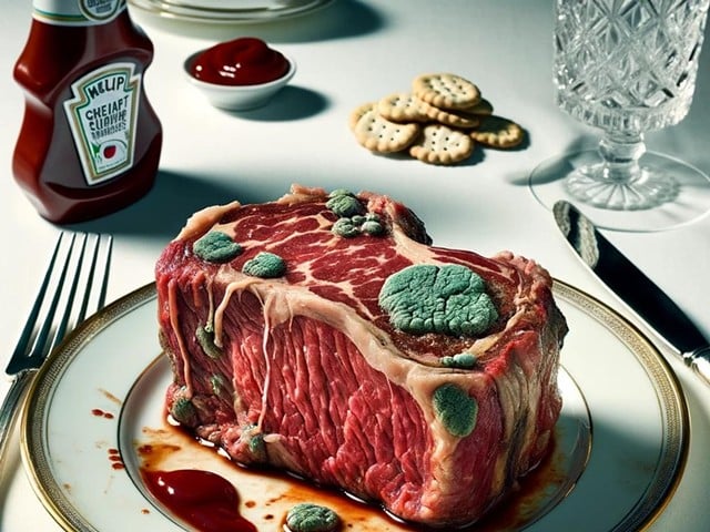 A color cartoon created by Open AI's Dall-E with the prompt: "Close-up of a large raw, bloody steak, terribly undercooked, with ragged edges and mysterious green splotches, emphasizing its unappetizing state."